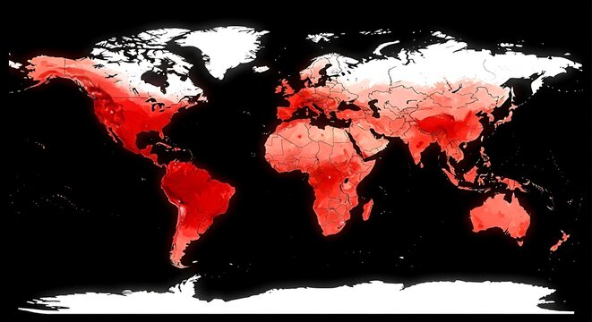 A global map showing regions in shades of red