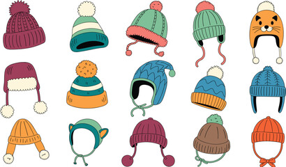 Fifteen colorful winter hats collection, knitted beanies, pom‑pom hats, ear flap designs, animal themed cozy seasonal fashion accessories illustration © Ponkaj