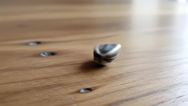 A solitary, striped seed gracefully spins and wobbles before settling to a stop on a textured wooden surface. The close-up perspective highlights the intricate patterns of the seed and the natural gra