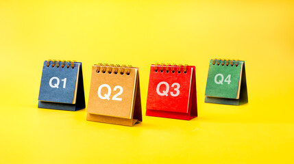 Annual business planning concept with Q1 Q2 Q3 Q4 quarterly cycle on desk calendar. Yearly...
