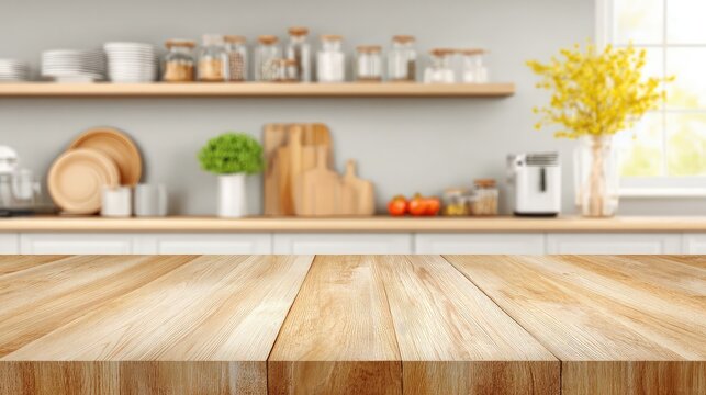 blurred Modern kitchen interior with table and stylish wooden accents