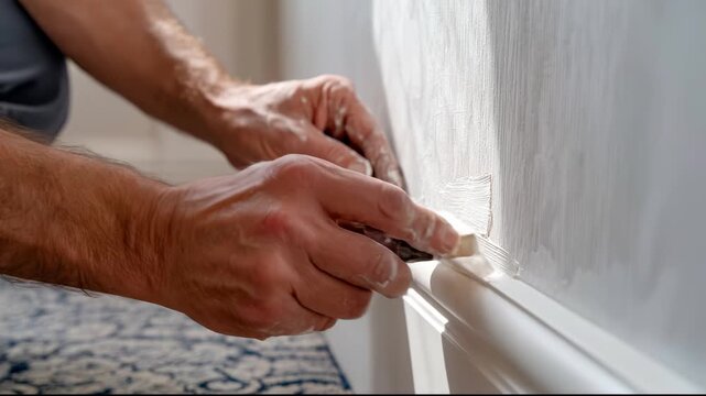 Man painting white wall and baseboard in room