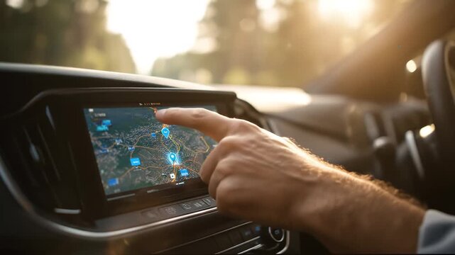Driver navigating GPS map on car dashboard screen
