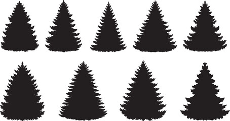 Black Solid Layered Spruce Tree Silhouettes Set of Six on White Background © Lubna