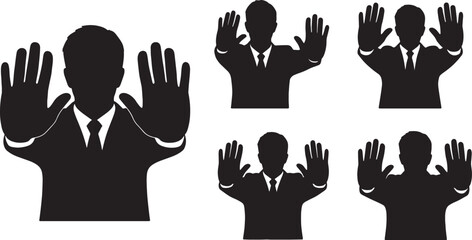 Fototapeta premium Black Solid Leader Raising Hands Surrender Silhouettes Set of Six on White Background