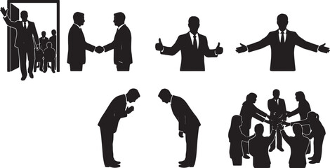 Black Solid Leader Waving Greeting Silhouettes Set of Six on White Background © Lubna