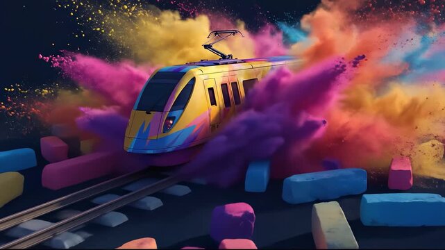 Colorful train mp4ing through vibrant chalk art explosion