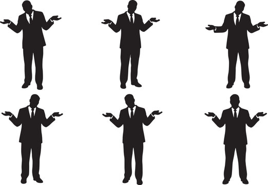 Black Solid Leader Shrugging Shoulders Silhouettes Set of Six on White Background