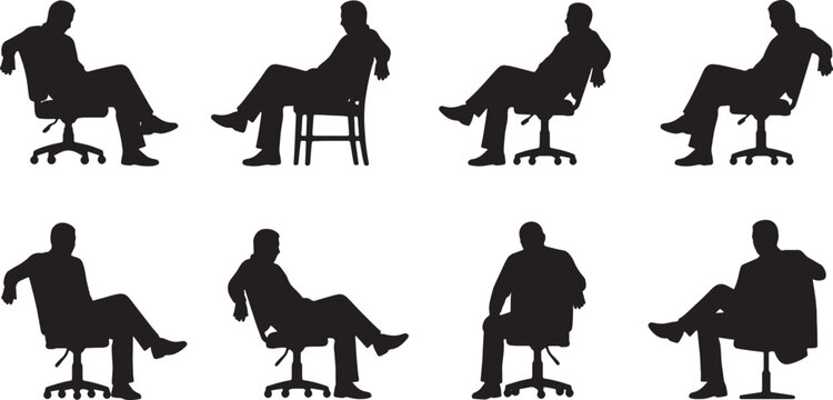 Black Solid Leader Sitting Chair Backwards Silhouettes Set of Six on White Background