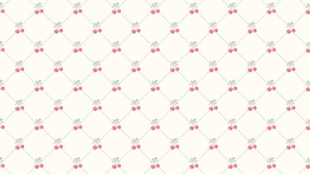 かわいいリボン付きのさくらんぼ、アーガイル柄の16:9背景素材