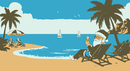 Fototapeta premium Santa beach vector illustration of Claus relaxing on vacation