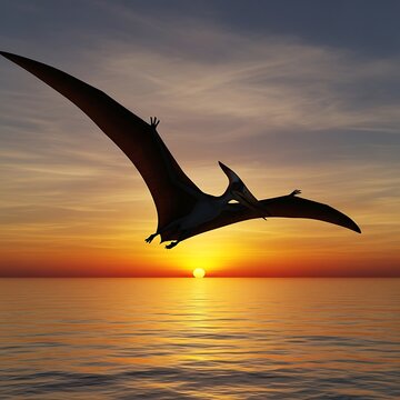Pterosaur Flying Over Ocean at Sunset.