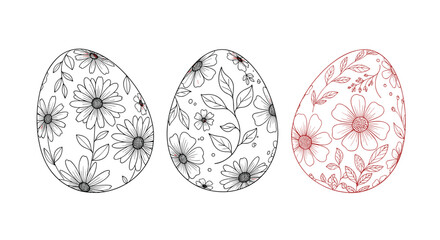 Fototapeta premium Detailed hand-drawn floral patterns on three Easter eggs arranged in a row for seasonal holiday celebration and decoration.