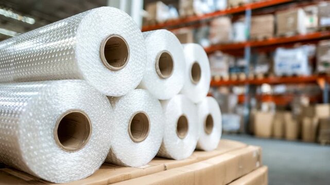 Bubble wrap rolls packed in a warehouse storage facility