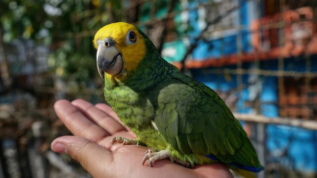 Yellow-naped Amazon parrot perching on human hand