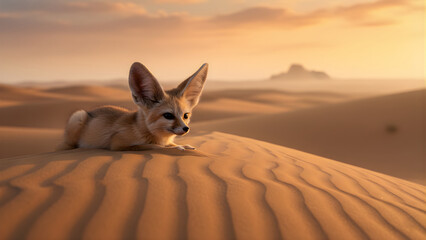 Fototapeta premium Fennec Fox in Desert Dunes Landscape.