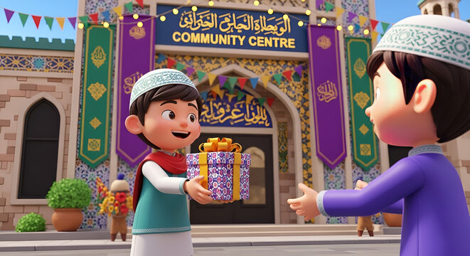 Happy Muslim boys exchanging gifts for Ied Fitri celebration