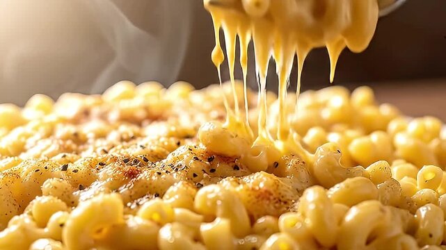 A tempting close-up shot showcases a generous serving of golden, creamy macaroni and cheese, steaming hot and ready to be enjoyed. A fork expertly lifts a portion, revealing delectable, stretching str
