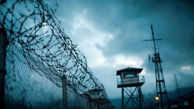Barbed wire fence guarding penitentiary prison facility
