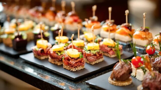 Assortment of savory finger food bites serving at a party buffet