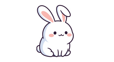 Fototapeta premium Cute white rabbit character with pink ears and rosy cheeks sits in a simple pose on a clean white background.