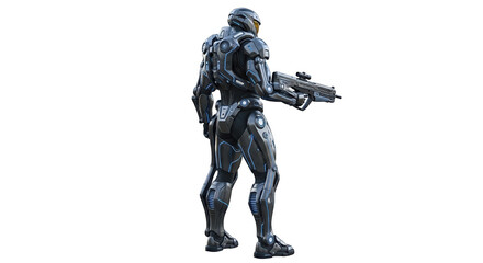 Fototapeta premium A futuristic soldier in a metallic suit of armor holding a gun on transparent background