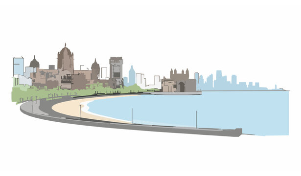 Panoramic Mumbai Skyline with Marine Drive and Gateway of India Vector Cityscape