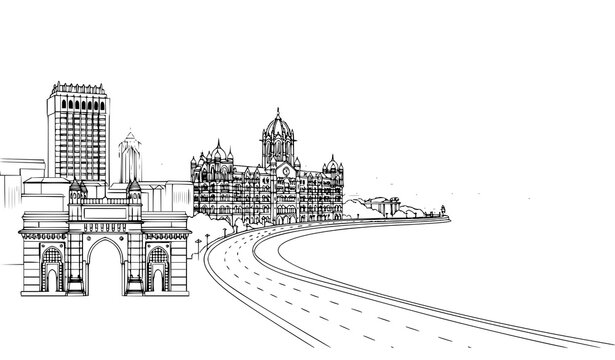 Mumbai Skyline with Gateway of India and Chhatrapati Shivaji Terminus Vector Illustration