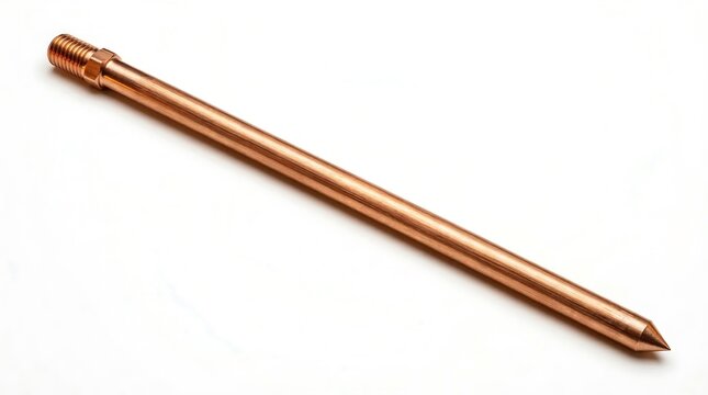 Isolated single copper grounding rod on pure white background