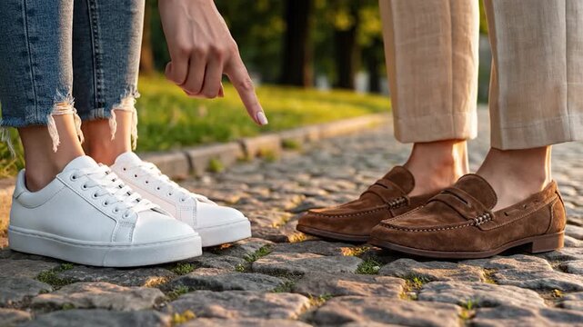 Two pairs of footwear are displayed on a cobblestone path