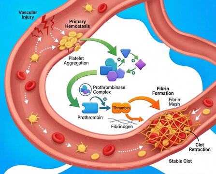 Medical illustration depicting the process of blood coagulation and clot formation