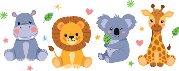 Naklejka premium Adorable Cartoon Zoo Animals Illustration with Happy Hippo Lion Koala Giraffe Hearts Stars Leaves Sparkles for Kids Nursery Baby Education and Children Graphic Projects