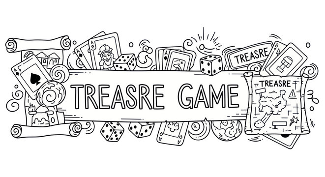Treasure Game Doodle Banner with Playing Cards, Dice, and Map