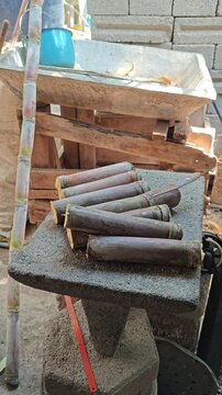Placing sugarcane stalks on a traditional stone metate