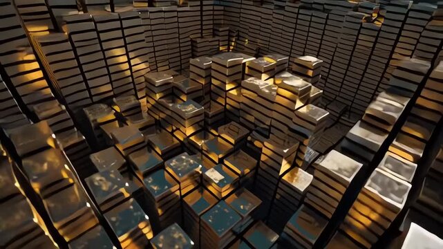 Abstract 3D Golden Blocks Background with Depth of Field