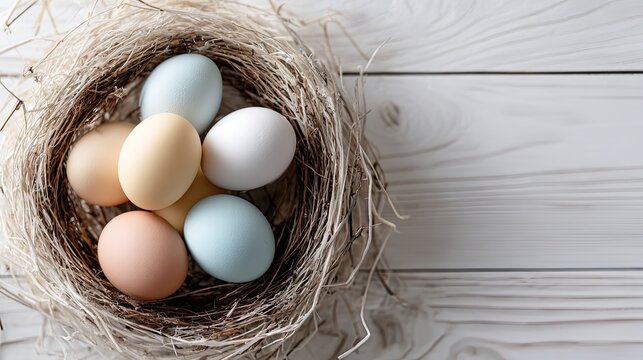 Minimalist composition of pastel Easter eggs on a clean white surface. Symbolizes modern tradition, spring renewal, aesthetic simplicity, and serene holiday celebrations.