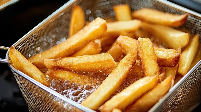 French fries cooking in a metal basket inside a deep fryer.
