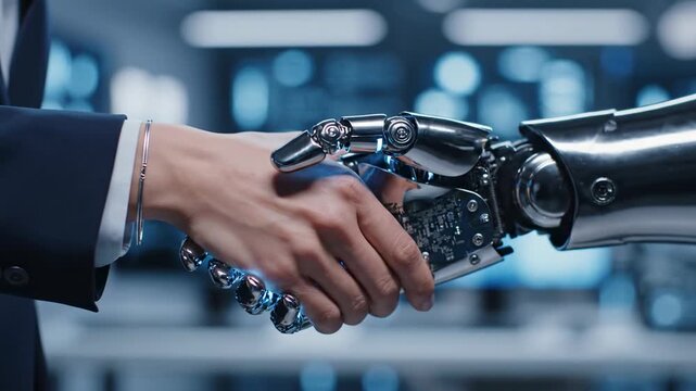 Human hand shaking robotic hand in modern technology environment.
