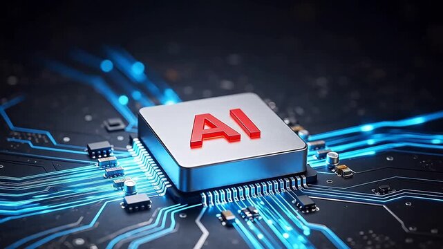 AI chip processor with glowing red 'AI' logo on circuit board, futuristic technology concept for artificial intelligence, machine learning, and high-performance computing.