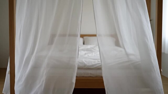 Four Poster Bed With White Curtains.