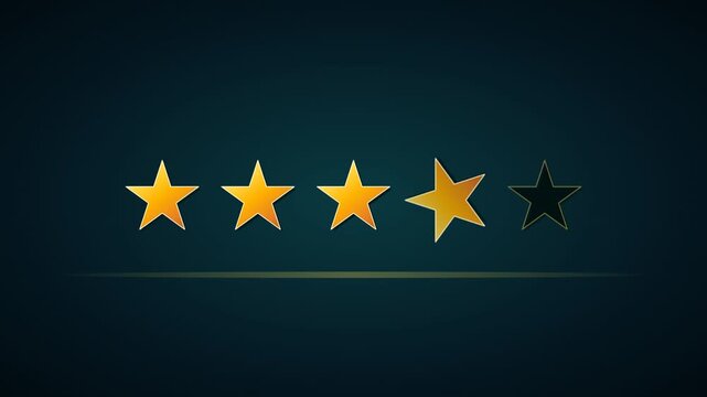 Dynamic five-star rating animation for product reviews and service feedback. Visualizing customer satisfaction levels with golden stars on a dark