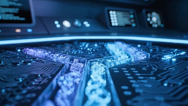 Futuristic Circuit Board with Blue Neon Lights.