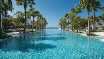 Fototapeta premium Serene Infinity Pool Reflecting Blue Sky, Lined with Palm Trees in Tropical Paradise.