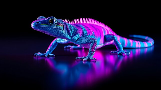 Vibrant neon-lit lizard with striking blue and pink patterns on a dark reflective surface, close-up, detailed.