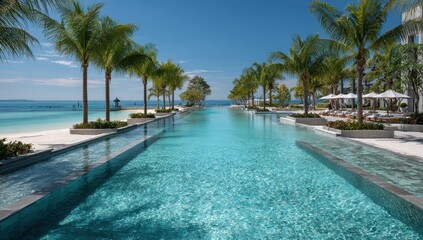Obraz premium Serene Infinity Pool Oasis - Turquoise Waters, Palm Trees, Tropical Paradise.