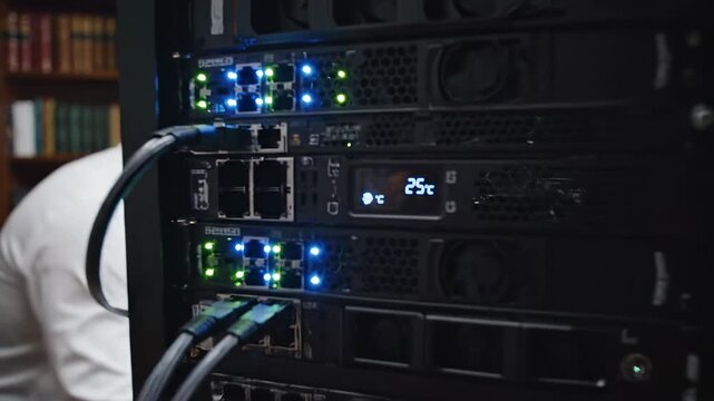 Server room with computer equipment and cables.