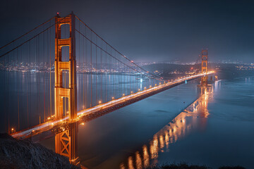 Fototapeta premium Long exposure night photography of illuminated suspension bridge over calm water with city lights in background creating serene and captivating urban scene