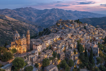 Obraz premium Medieval hillside town with stone buildings and illuminated church at dusk surrounded by mountains under colorful sky creating peaceful and historic atmosphere