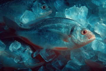 Fresh raw fish on ice close-up seafood market background