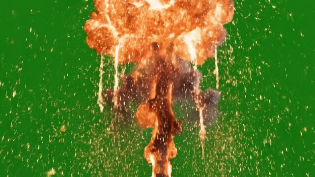 A large explosion with orange and yellow flames and smoke rising against a green background with debris scattered around.